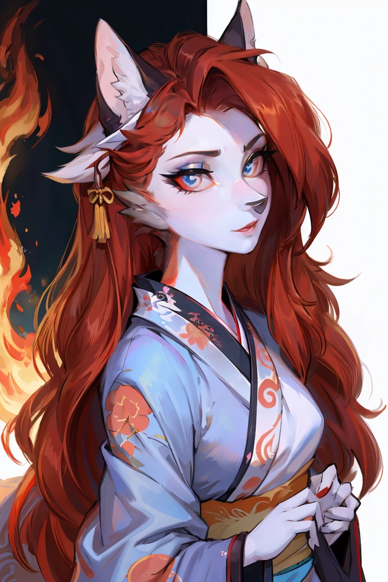(Hanfu:1.5),best quality,amazing,masterpiece,fine,Extremely detailed,Ultra-high resolution,Intricate details,fine,Attention to detail,8K resolution,Red Eyes,hairy,Wolf女,Big watery eyes, Wear red, Fine Hair, Chinese Beauty, Wear Chinese clothing, Flowing tulle, (Light Silk:1.2),(Clean background), Wolf_girl,Beautiful figure,Height 193 cm,Fire Spirit Portrait, very long flowing red hair,closure_up, Fluffy_fur,Long eyelashes,Flowing Chiffon,Well-proportioned body,Perfectly detailed facial features,(Perfect and detailed eyes:1.5),