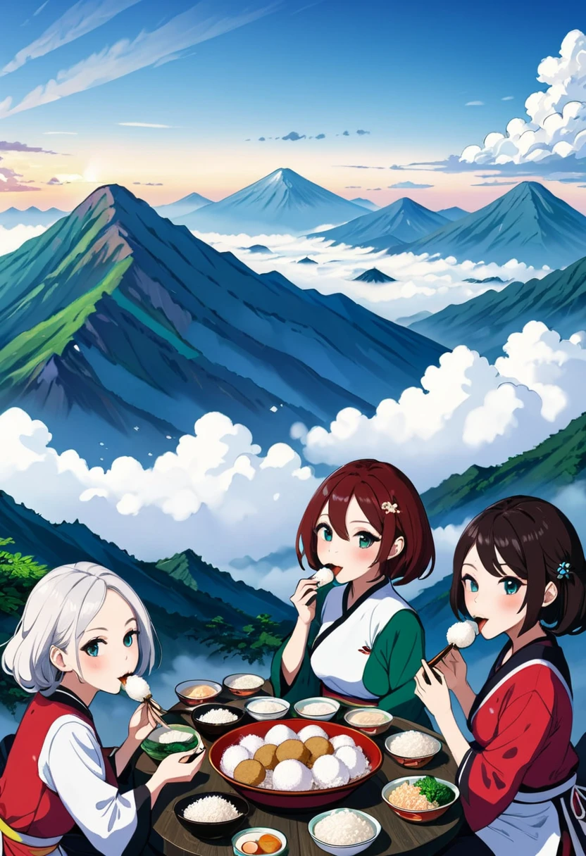 Numerous girls eating rice balls, mountains in a sea of clouds