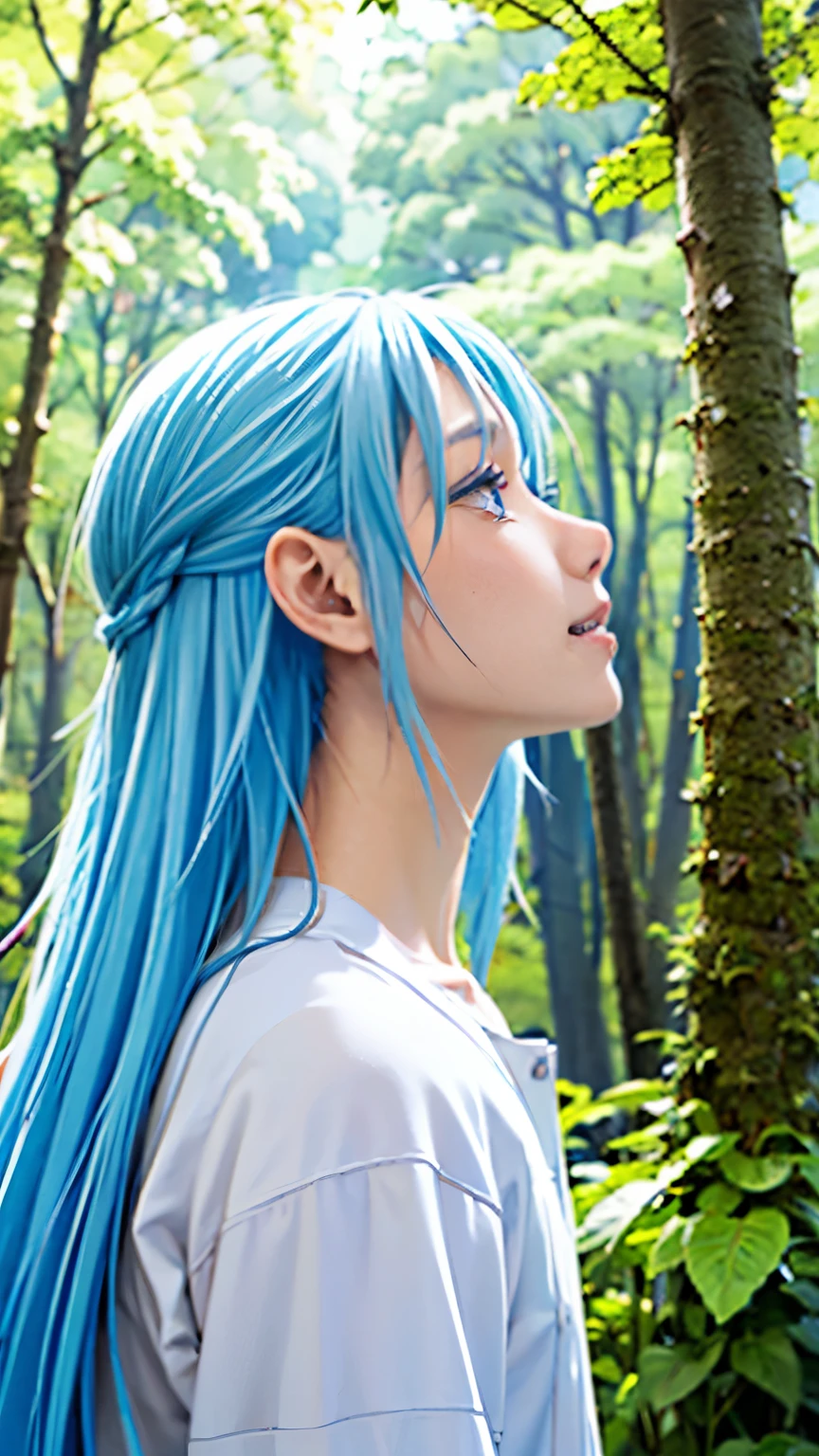 Rimuru Tempest、Real、Upper Body、scenery、forest、anime、smile、White skin、Masterpiece、No matter how high quality、Cloudy、Beautiful Boy、Beautiful Men、Long Hair、profile、Ultra Close-Up