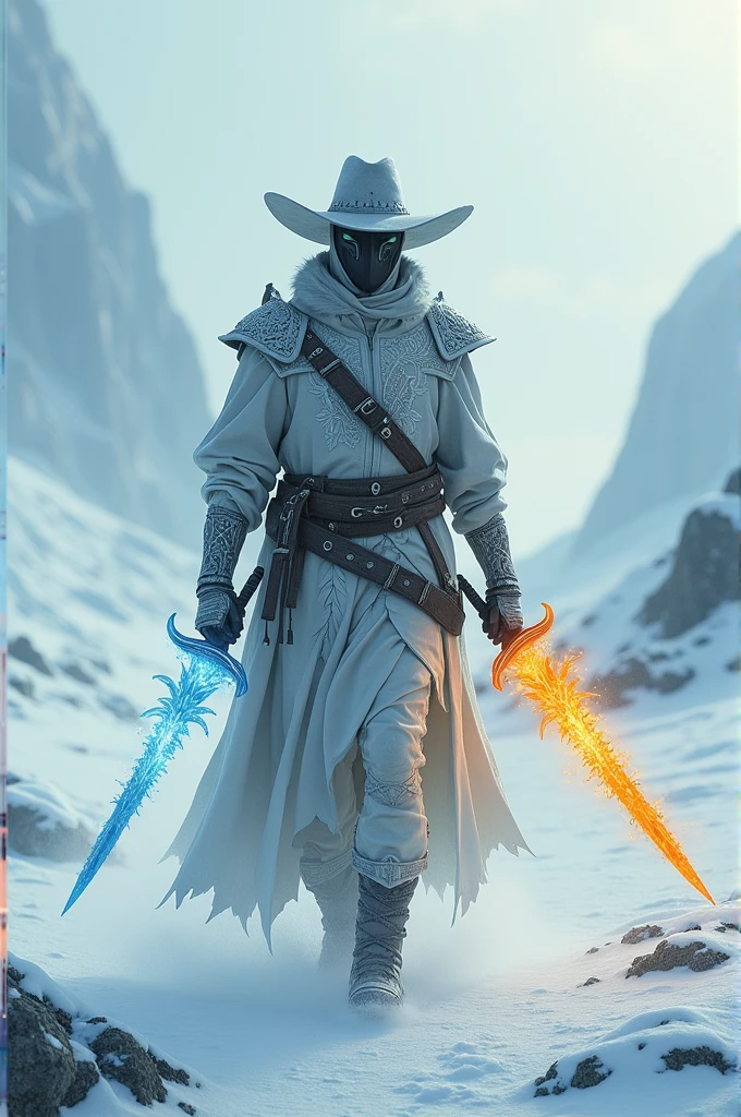 Hunter in an Arctic desert, with two long swords, one of fire and one of ice. He wears a plague mask and white dragon details on his clothes., besides a cowboy hat