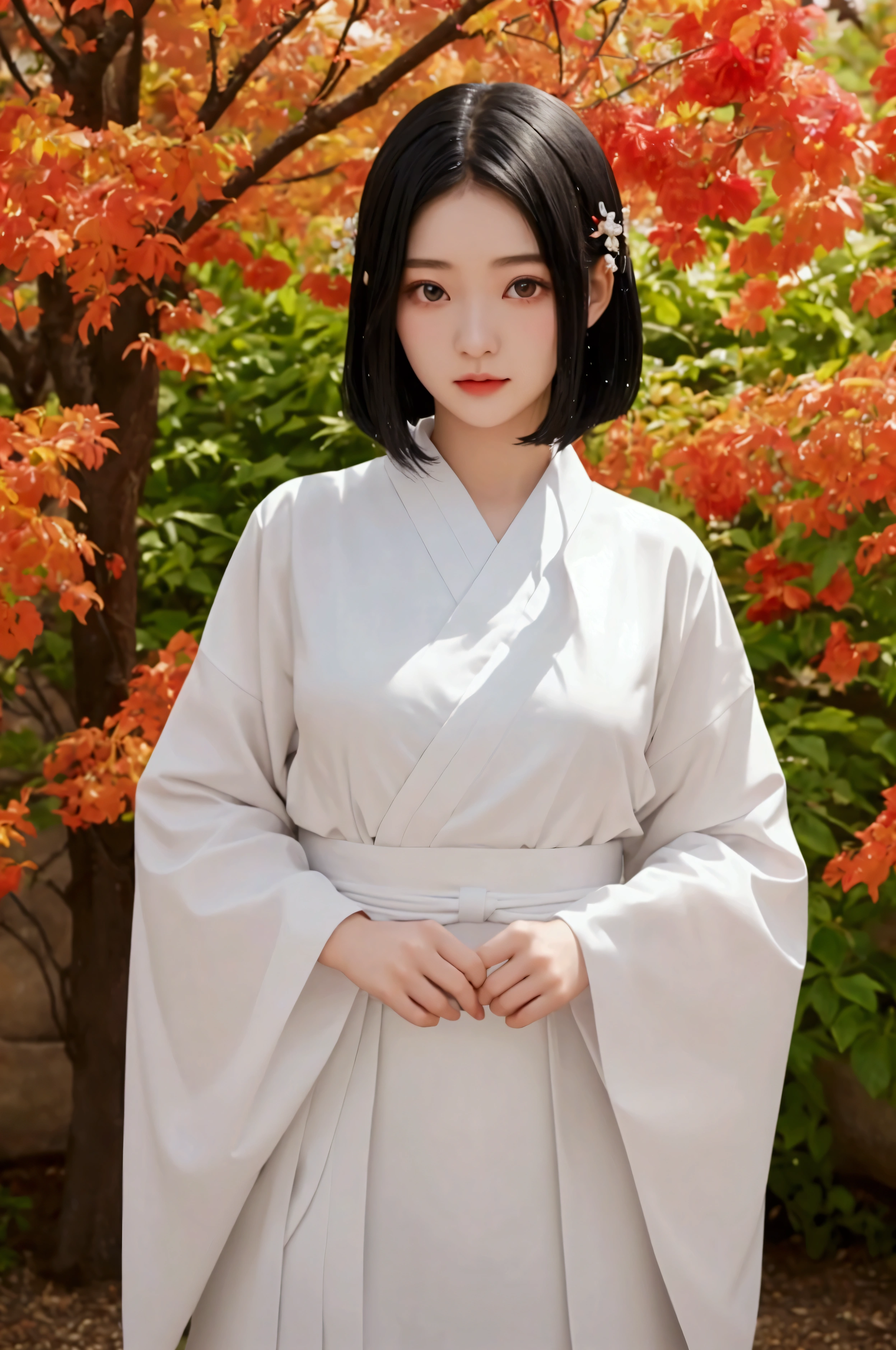 Dancing Girl。On the border between adulthood and childhood、A girl like a colorful bud。The top is pure white with short sleeves.。Shrine Maiden Costume。Sharp eyes like a blade。On her face、I'm still very young。Her eyes are large and slightly slanted.、The nostrils are sharp。Lips like petals、Lip balm makes her look shiny。The black hair has a moist, wet shine.、With a bob haircut like a Japanese doll、Make her look even younger。The body is feminine and rounded。Tight ass meat。Chest swelling。Despite her slim and pretty body、Her breasts are extremely voluptuous.。Flushed cheeks。Like a Japanese sword、Beautiful standing posture。shrine maiden outfit.