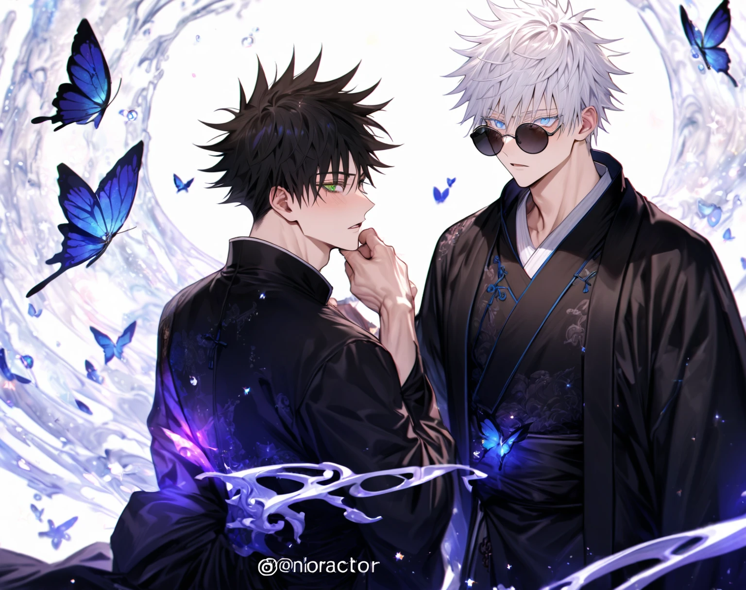 Ultra detailed, Highres, absurdres, HDR, master piece, Gojou Satoru, white hair with bangs, expressive blue eyes, white eyelashes, black round sunglasses, black Chinese clothes, Fushiguro Megumi, black hair, expressive green eyes, Jujutsu Kaisen, two sexy men together, gay couple, yaoi, handsome, glittering, blue butterflies, starry sky, blue magical, fantasy, manly men, black Chinese clothes, accessories