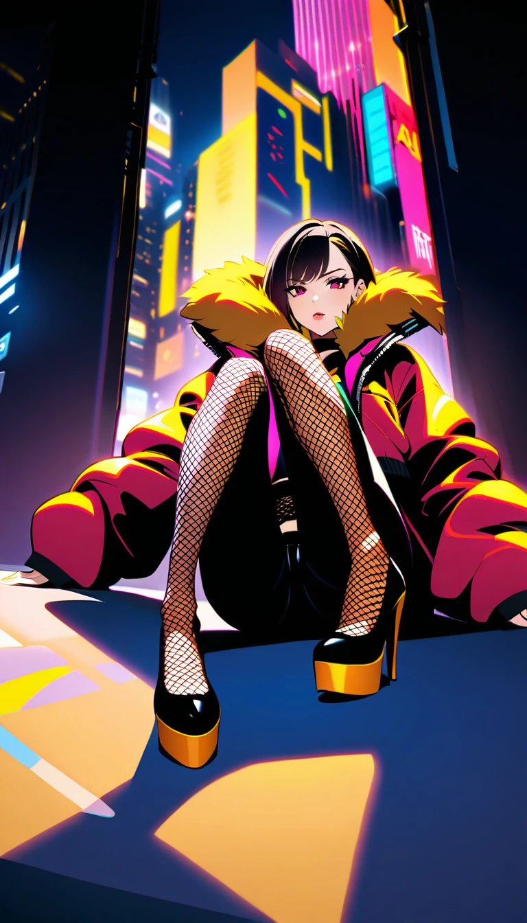 A provocative shot of a sassy femme fatale: a woman posing confidently in front of a bold, neon-lit cityscape at night, wearing an open-front shoulder-padded leopard print crop top jacket, a red inner suit, a black tight miniskirt, and orange stiletto heels. The camera frames her from the knees up, emphasizing the striking contrast between the dark surroundings and her vibrant outfit. The lighting is dramatic, with sharp shadows accentuating her curves and highlighting the fishnet stockings.