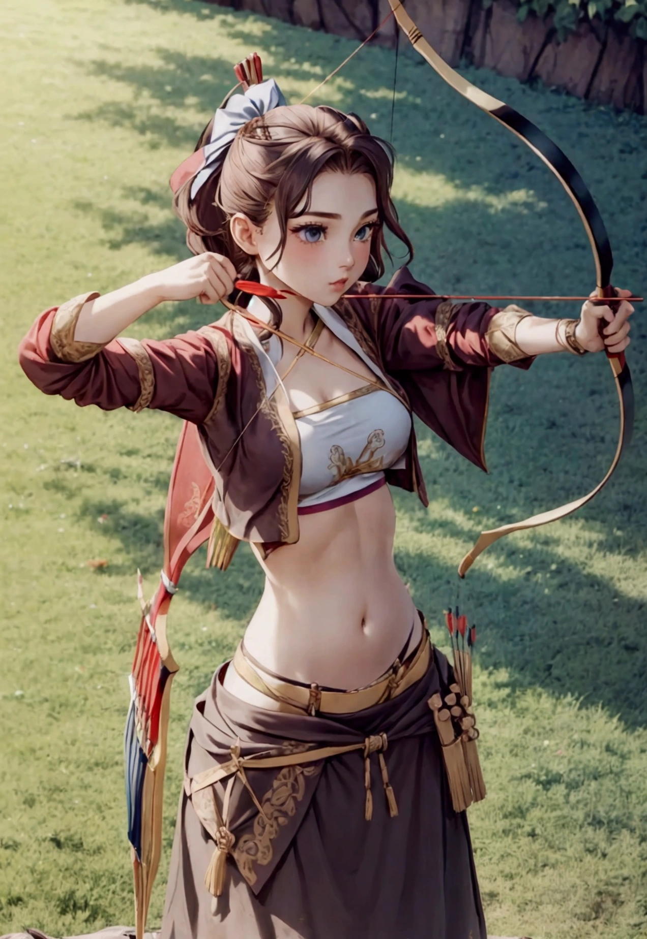 girl in crop top shirt , Archery, (open navel), bow, arrow