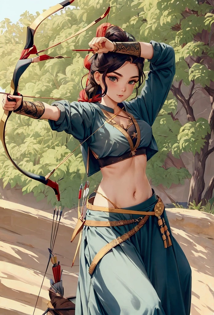 girl in crop top shirt , Archery,  (open navel), bow, arrow