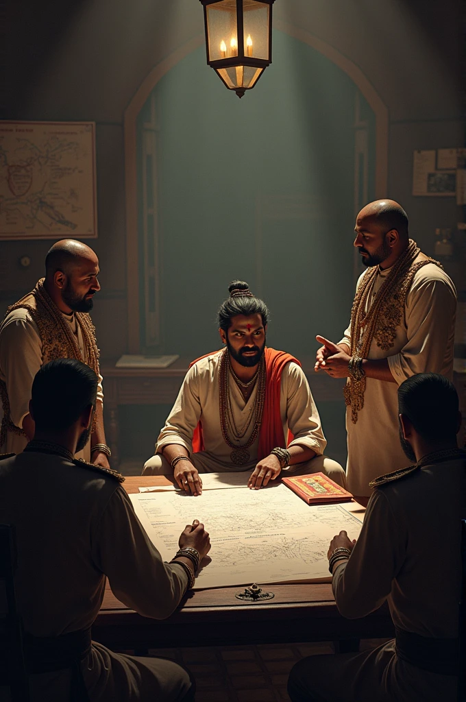 Guerrilla Warfare Strategies: Shivaji Maharaj planning guerrilla warfare strategies with his trusted advisors, highlighting his military ingenuity.