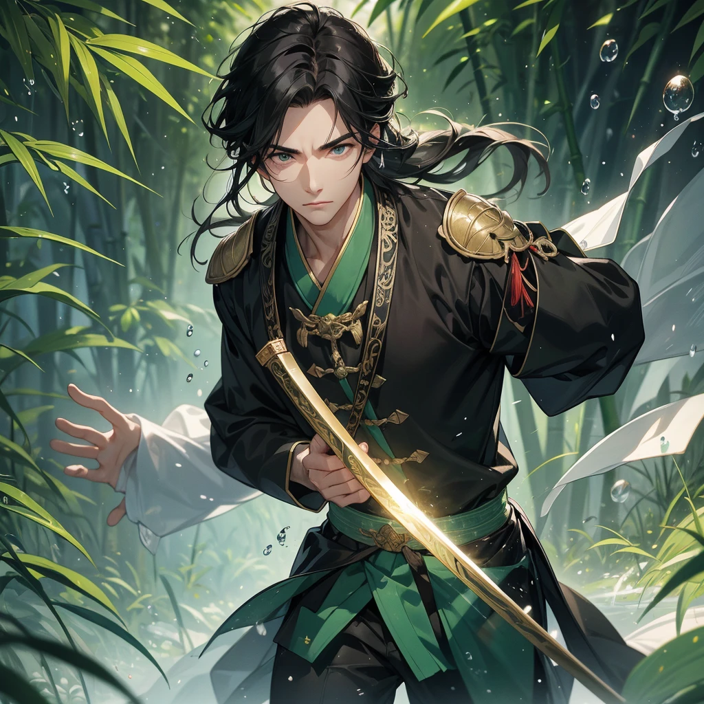 a Handsome black-haired male holding a large sword in  ancient Chinese costume, the back is a lush green bamboo forest. the air after rain has water droplets splashing around. close up.