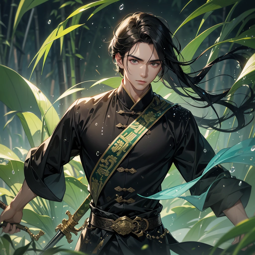 a Handsome black-haired male holding a large sword in ancient Chinese costume, the back is a lush green bamboo forest. the air after rain has water droplets splashing around. close up.