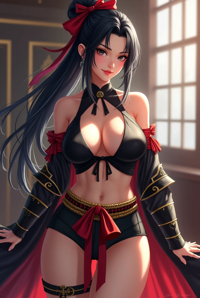 Female character woman with long black hair tied with a red bow, oriental armor style costume with predominant colors red, black and gold, short outfits showing parts of the body, She wears a low-cut black blouse with black ribbons around her neck that go from the neckline to the neck, a short black shorts, their arms have protective armor pieces, It also has a gold belt with a red and black ribbon tied, realist art, pose sexy