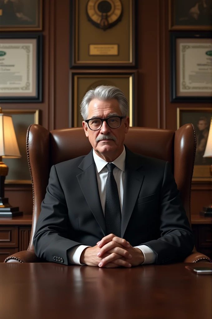 A uncle sitting in boss chair with black suit