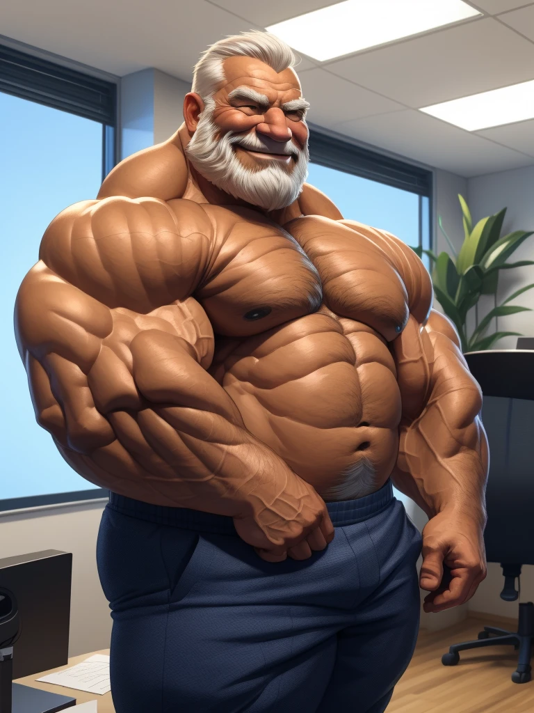 a muscular old man with a beard, no mustache, shirtless, topless, pants, massive muscular, thick arms, smile, pectoral, standing in office, (best quality,4k,8k,highres,masterpiece:1.2),ultra-detailed,,detailed wrinkles,detailed facial features,detailed texture, half body, halfbody