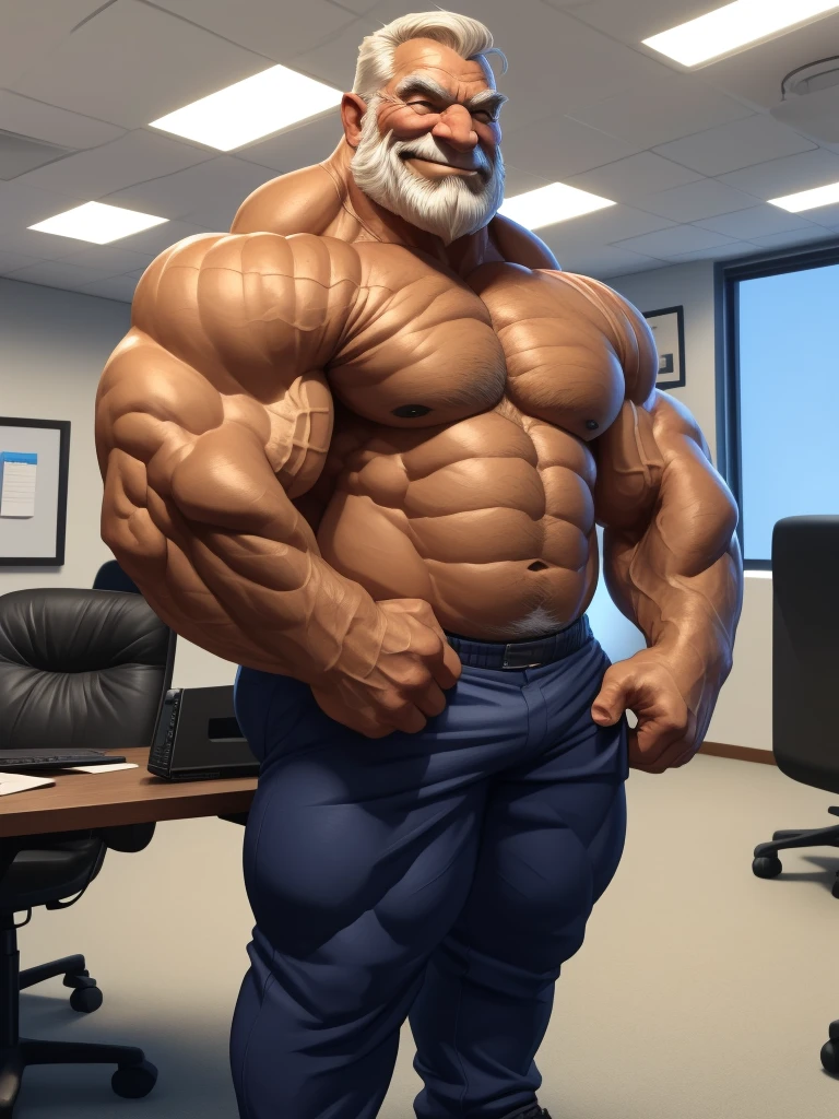 a muscular old man with a beard, no mustache, shirtless, topless, pants, massive muscular, thick arms, smile, pectoral, standing in office, (best quality,4k,8k,highres,masterpiece:1.2),ultra-detailed,,detailed wrinkles,detailed facial features,detailed texture, half body, halfbody