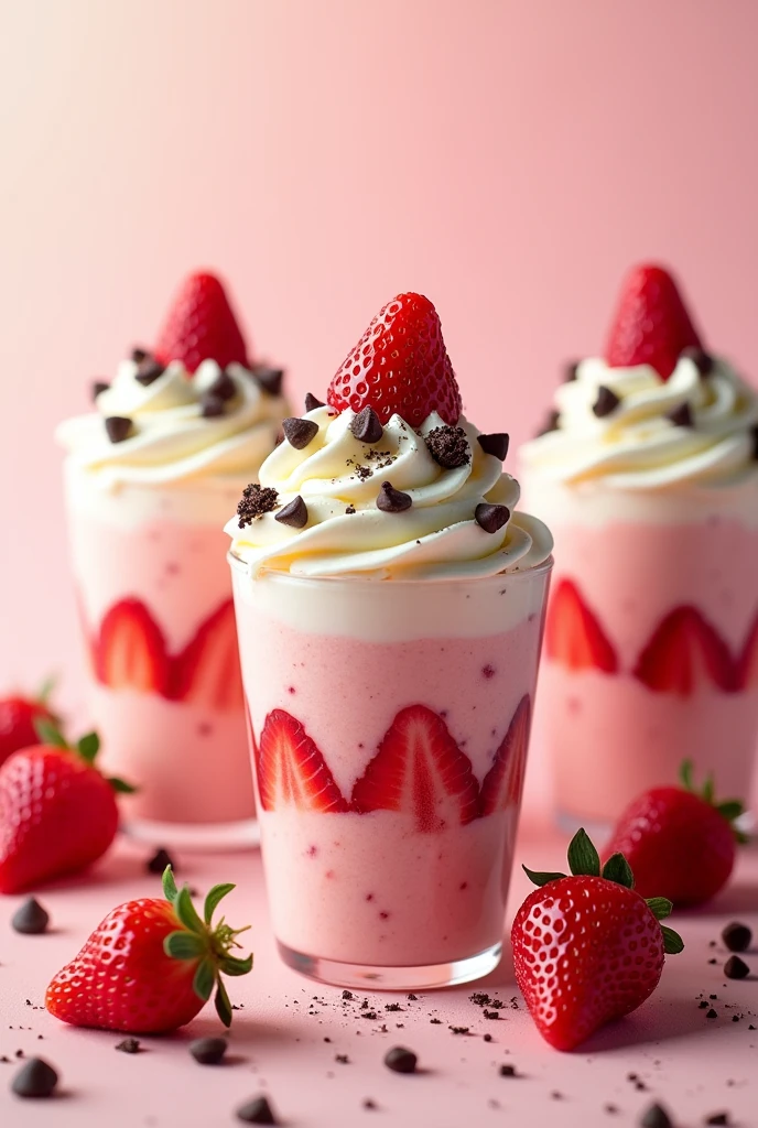 Create an image of a strawberries and cream sale in which you only see the strawberries, cream at its peak, 9-ounce glasses with lids, the strawberries and creams decorated with Oreo toppings, peanuts and chocolate chips
