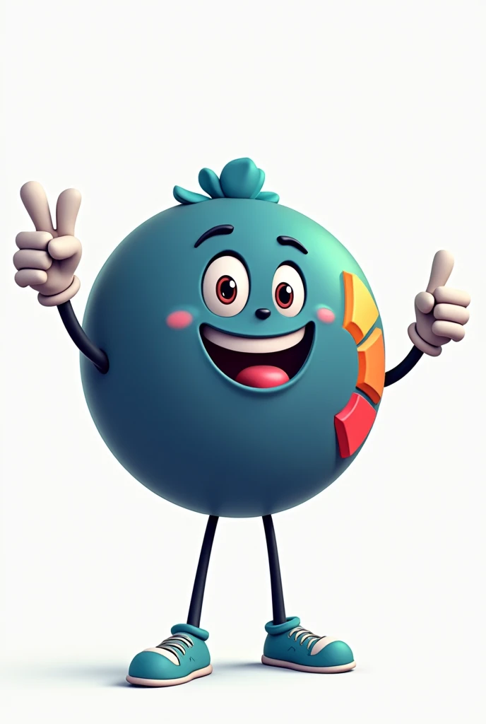 "Create a cheerful, cartoon-like character with the following features: a circular body that is predominantly dark blue, with a pie chart-like pattern on the left side. The character has a white face centered in the circle with large, expressive round eyes that convey happiness and energy. The character has a wide, friendly smile with an open mouth and visible tongue. It has thin, black arms with white gloves and black legs wearing light turquoise-blue shoes. The character should be standing in a lively pose, one hand showing a thumbs up and the other hand making a peace sign with fingers extended. The overall vibe should be friendly and supportive, as if the character is ready to assist in any situation."