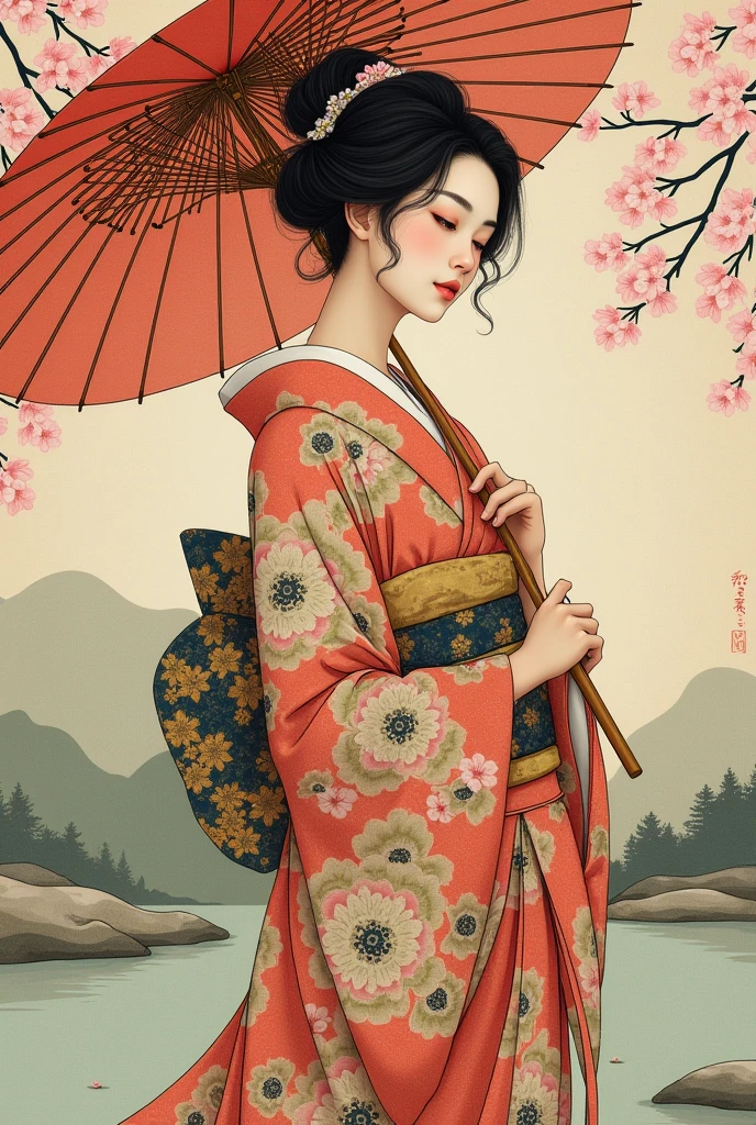 Japanese painting, Japanese girl painted in Japanese style with a typical Japanese umbrella for painting on pad