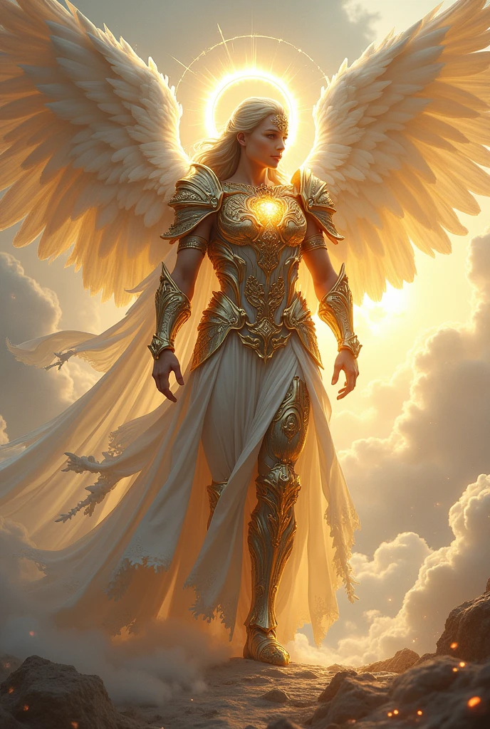 Warrior Angel in White and Gold colors in armor with the name Alpha on the chest holding a weapon