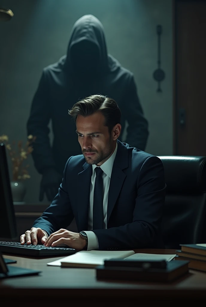 Create an image of a lawyer sitting in front of a computer and behind him there is a dark figure or a hooded man and his face cannot be seen. 