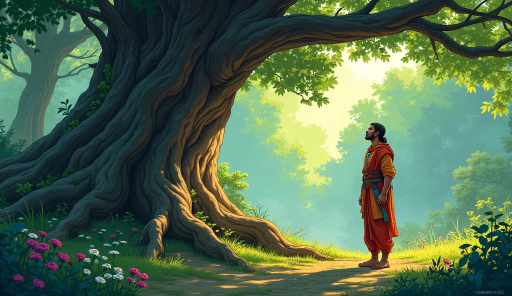 Arav asking about consequences: Comic style. Arav, the young adult warrior, looks concerned as he asks Sage Bhaskar about how to avoid worrying about the results of his actions. The background shows the lush forest clearing with a few more details, like small plants and flowers near the base of the tree. The sage’s calm demeanor contrasts with Arav’s worried expression, highlighting the importance of the lesson being discussed