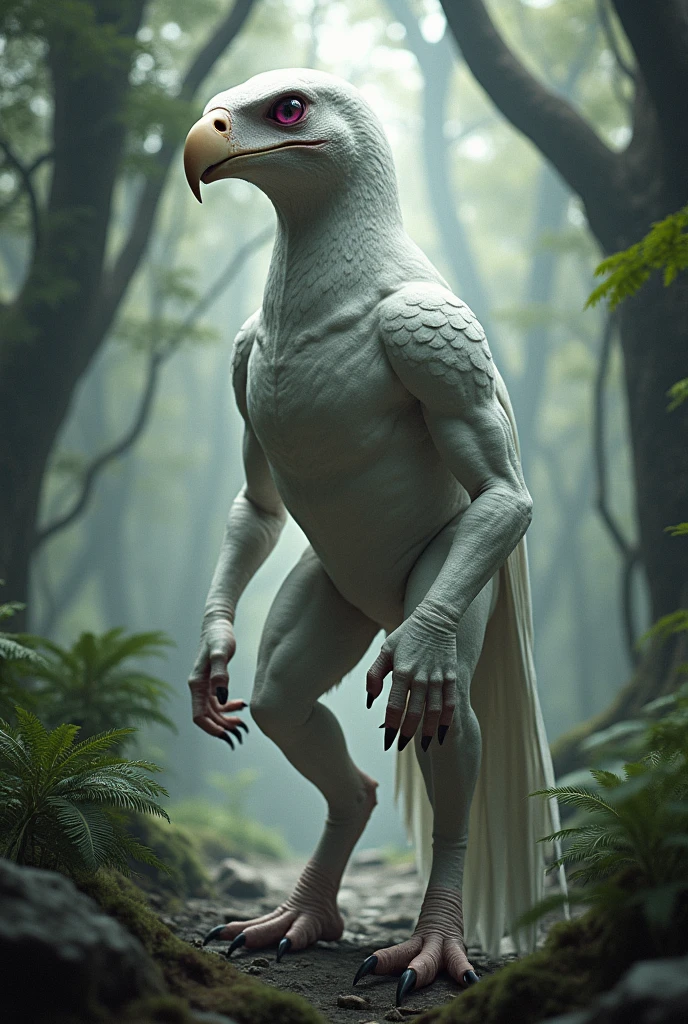 dinosaur, white raptor with dark pink eyes humanoid pupil