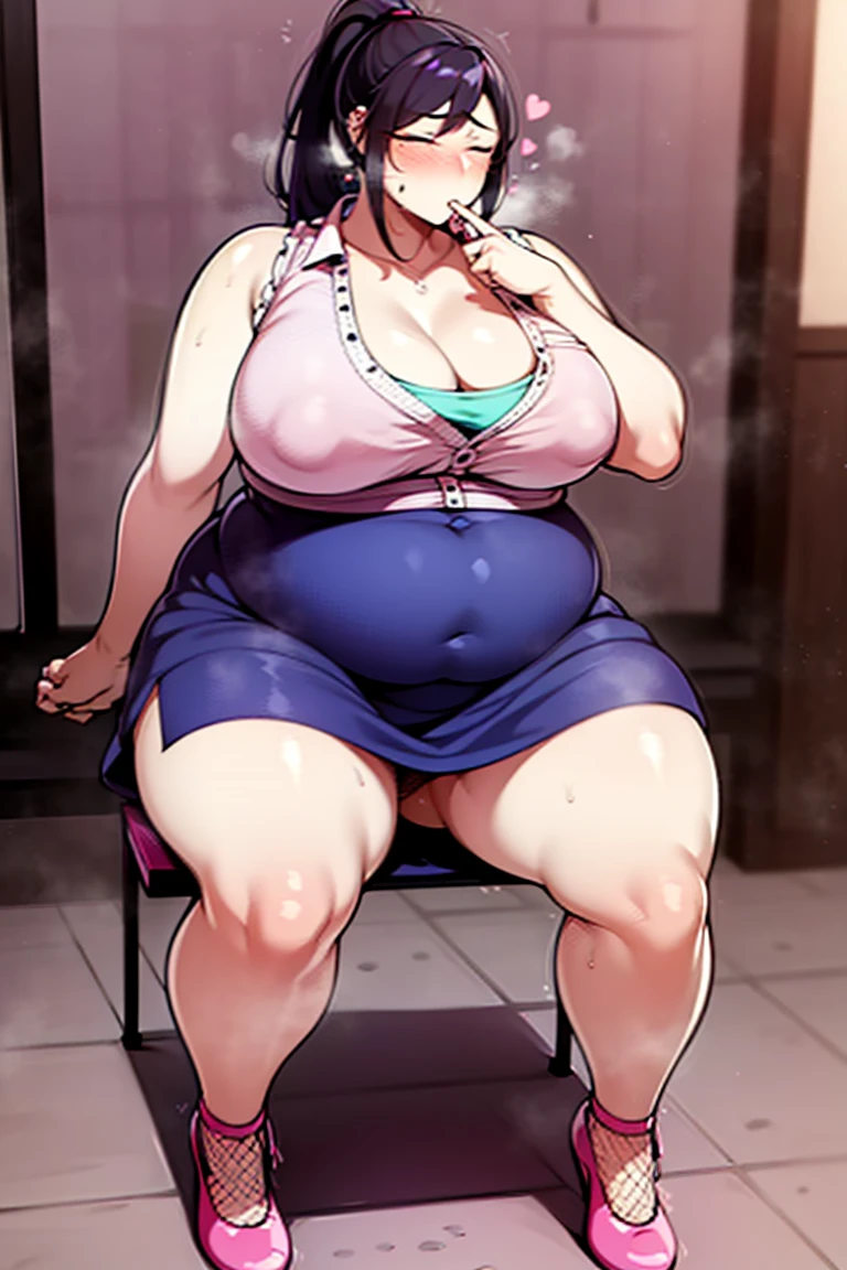 1 beautiful woman, large body, Asian girl, ponytail, outlined eyelids, made-up eyelids, sleeveless shirt, pink shirt, cleavage, skirt, turquoise skirt, high-heeled shoes, cream shoes, brown bag, sleeping sitting on the bus, mouth open, eyes closed