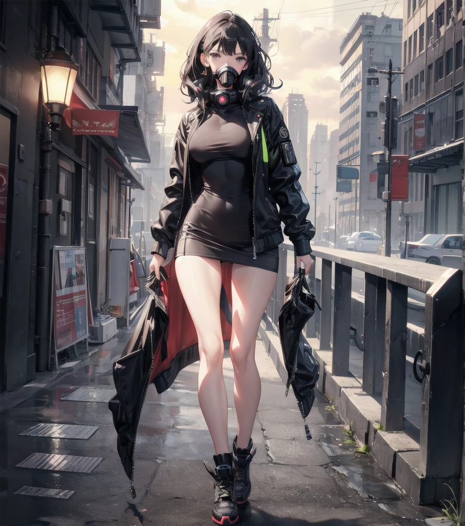 absurdres, RAW photo, extremely delicate and beautiful, masterpiece, Highest Quality, ultra high resolution, 32k, hyperrealistic, realistic, photorealistic, photo-realistic, Real, ultra-detailed, Very detailed CG 8k wallpaper, detailed background, landscape, Beautiful Lighting, Perfect Lightning, Realistic Shadows, perfect anatomy, anatomically correct, ideal ratio body proportions, perfect figure, Perfect Style, Perfect balance, super Detailed skin, in her 30s, very Slim body, narrow waist, very small head, very small face, delicate facial features, handsome detailed woman, very detailed eyes and face, realistic face proportions, Realistic beautiful face, Realistic beautiful eyes, tearful mole, earring, full body shot, whole body shot, very huge round tits, medium hair, asymmetrical hair, wavy hair, legs, thighs, knees, Tech jacket, cyberpunk, tech gas mask, tech accessories, Background with cold neon lights and black,