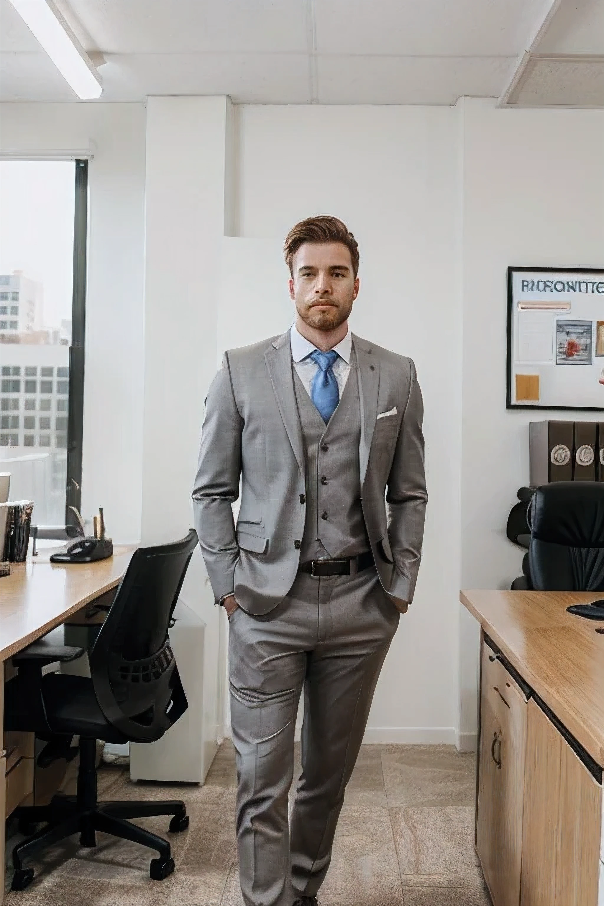 white male, brawny, head on, bonitas. Instagram photography style. Wearing a suit with a background of an office in Los Angeles