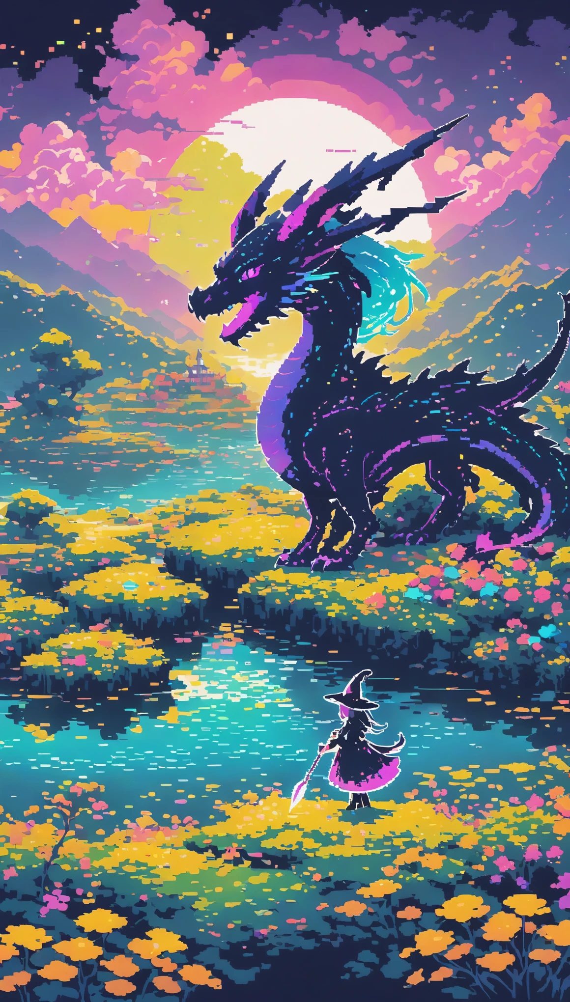 dark neon Magical Witch pixel ,landscape, No people ,Witch Dragon