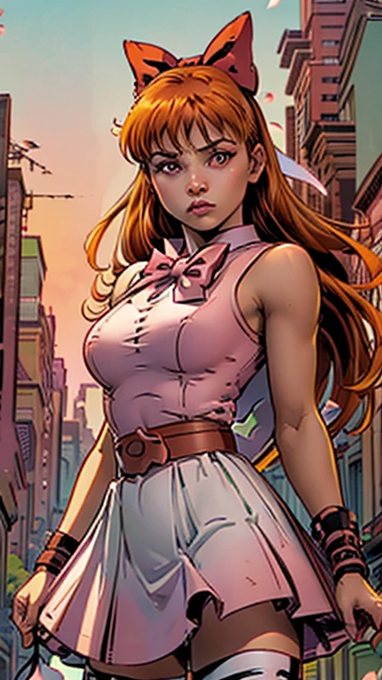 (1girl, (Blossom:1.5)), (extremely detailed CG unit 8k wallpaper),(master part), (best quality), (ultra detail), (best illustration),(Deodato), cowboy shot, (Sharp eyeliner, ombre, detailed eyes:1), city scene Background, break , upper body,(orange hair, blunt bangs, pink eyes:1.2), (hair bow, red bow, simple pink dress, simple black belt, white thighhighs:1.2),(shy pose:1.2), (solo, one person, one subject:1.5),  