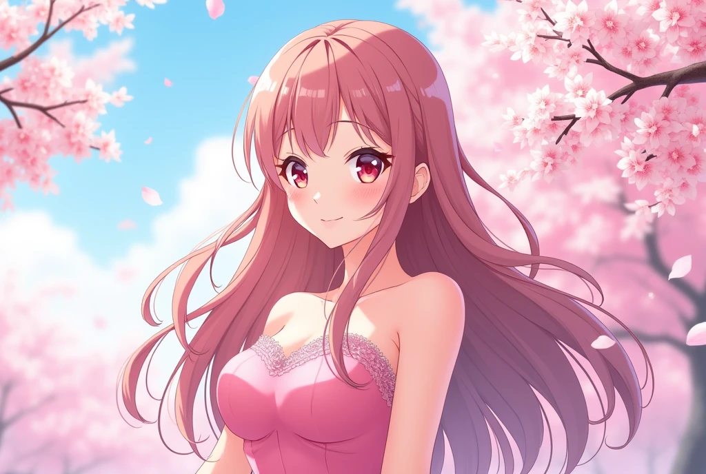 Pink brown hair,Long Hair,Pink Eyes,Drooping eyes,Large Breasts, smile, daughter,pink prom dresses,Anime Style,Moe character,cute,1,Clear,cherry blossoms