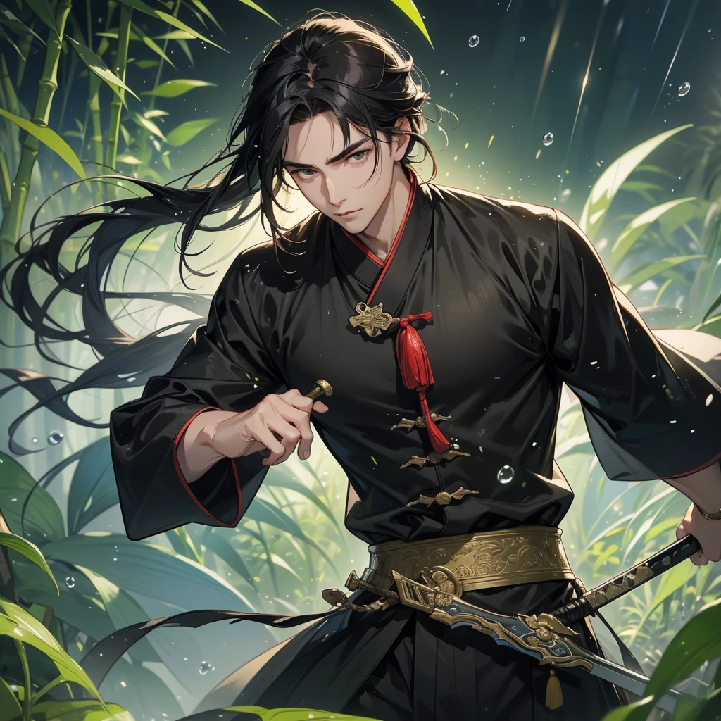 a Handsome black-haired male holding a large sword in ancient Chinese costume, the back is a lush green bamboo forest. the air after rain has water droplets splashing around. close up.