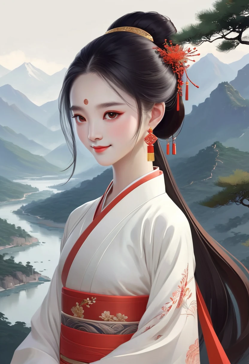 中国古代美少女bust头,Positive face,Smile,bust,Hanfu,Full hair,中国传统Minimalism,Dark hair,Minimalist earrings,Geometric shapes,illustrate,Red wedding dress and white traditional clothing,Traditional Chinese color scheme,Thousand Miles of Rivers and Mountains,Wang Ximeng,Minimalism,Clean background,No triangles