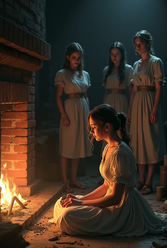 Cinderella sitting by the fireplace, surrounded by ashes, with her stepmother and stepsisters in the background.