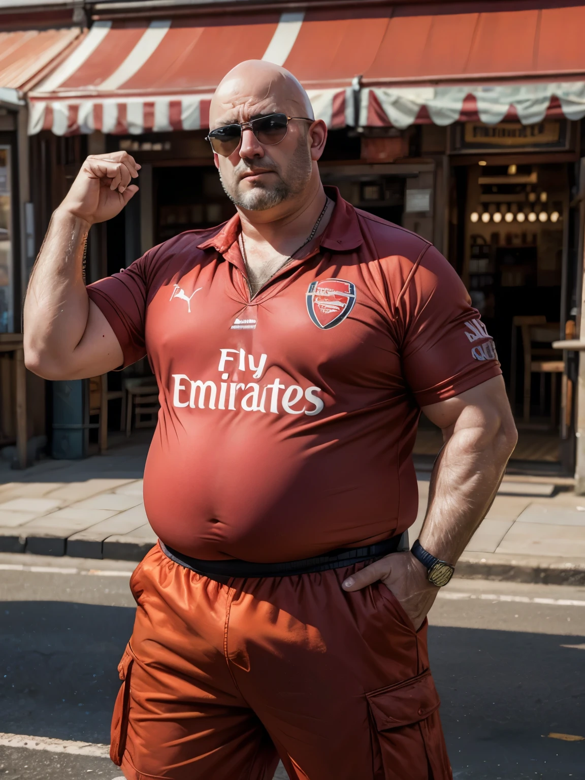 Typical British holiday-maker, pub, fat belly, middle-aged, bald and sweating, wraparound sunglasses, scowling at viewer, miserable looking, fat neck, wearing baggy Arsenal football shirt and long baggy shorts, badly sunburnt head