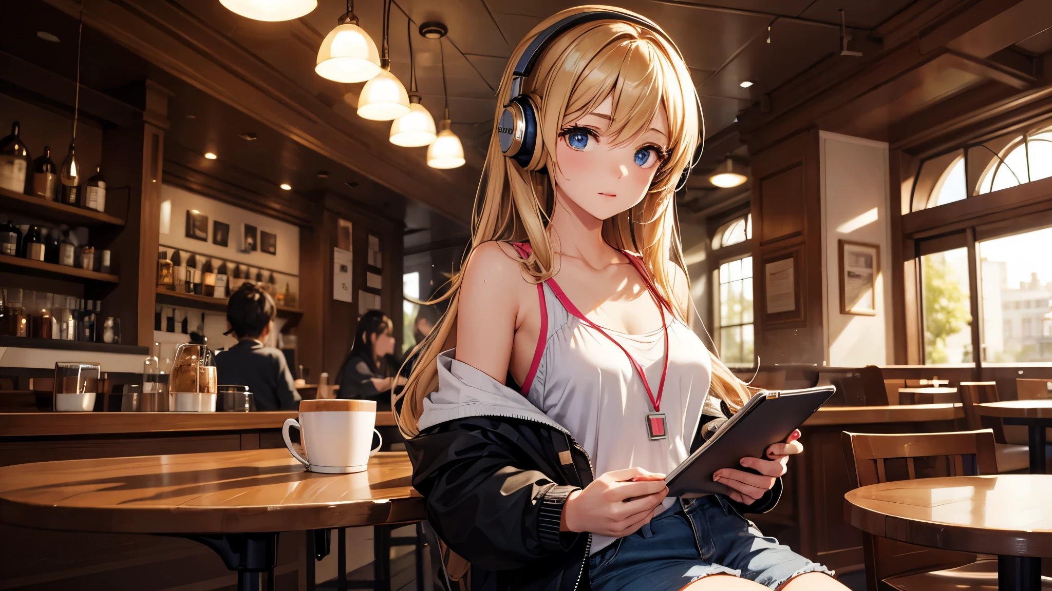 Girl with headphones enjoying music in a cafe I am studying Emphasize a little bit of the chest