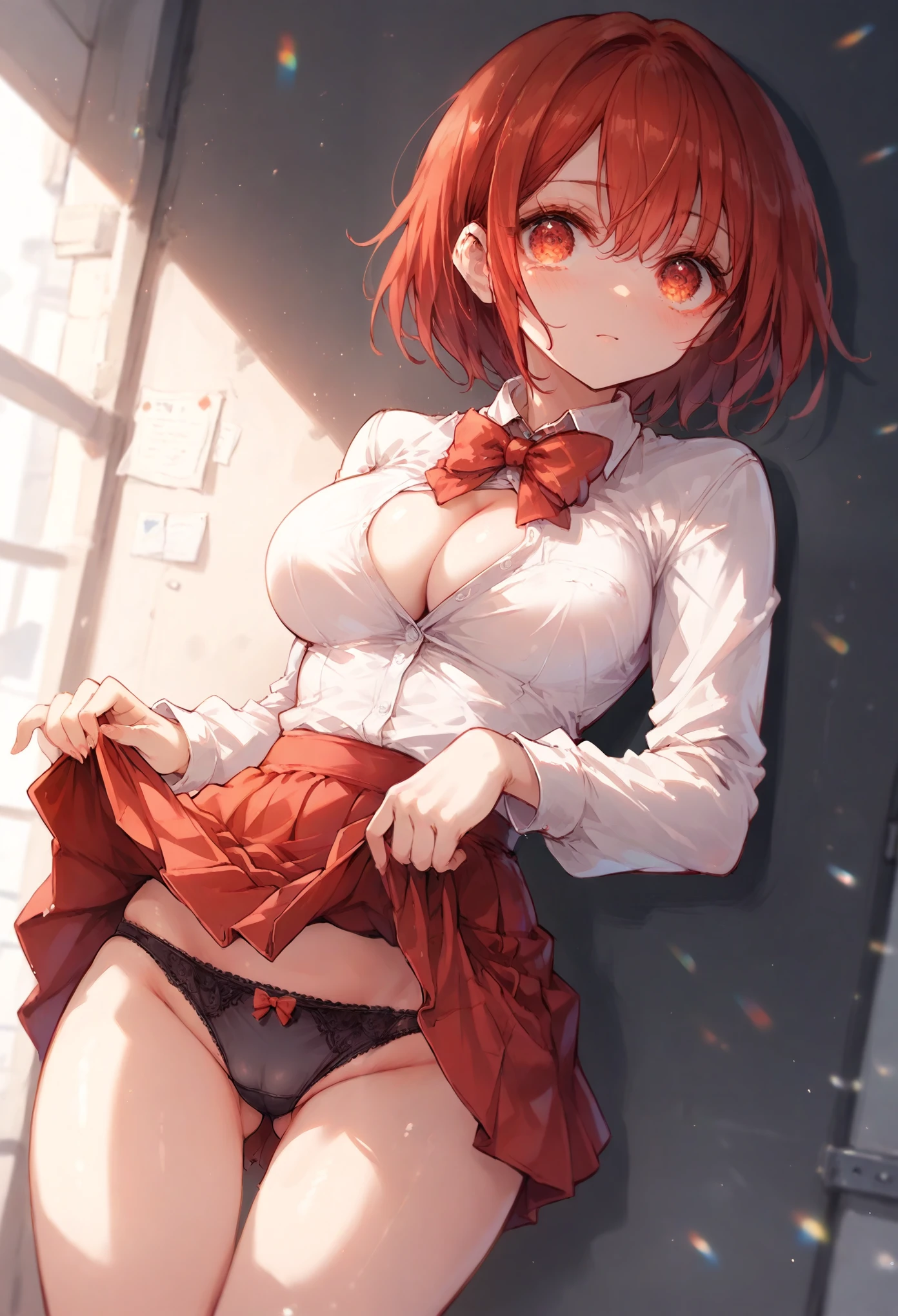 image is a large anime girl wearing a very short skirt and top, 1girl, breasts, solo, panties, underwear, looking at viewer, black panties, large breasts, skirt, cleavage, bow, thighs, clothes lift, red eyes, red hair, red skirt, bangs, skirt lift, ass visible through thighs, long sleeves, bowtie, lifted by self, red bow