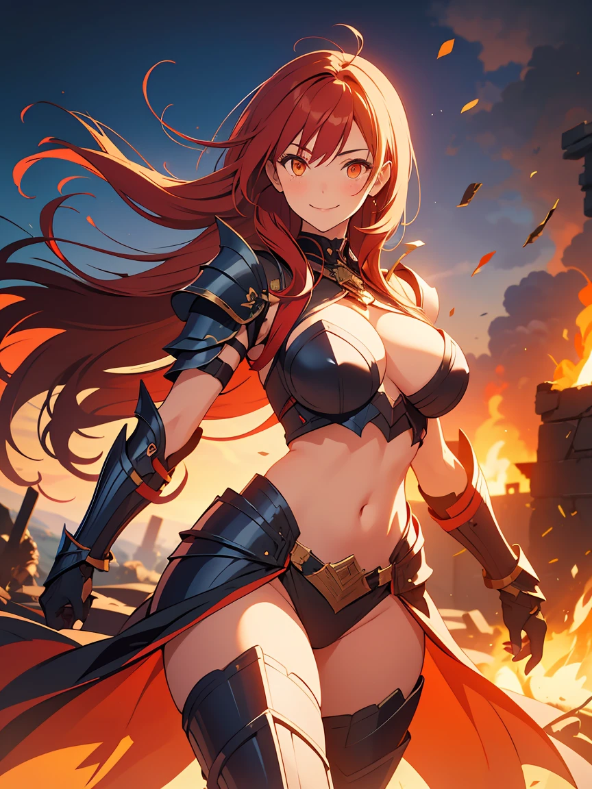 Female,red hair,orange eyes,curvy,damged battle armour,watching a kingdom burn with a smile