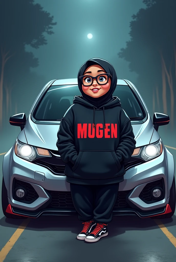 cartoon large fat chubby girl with glasses, black hijab, black hoodie with mugen word in red, hi-cut vans shoes, leaning on sporty modified silver honda jazz gk5 rs 2018 model at night foggy weather 