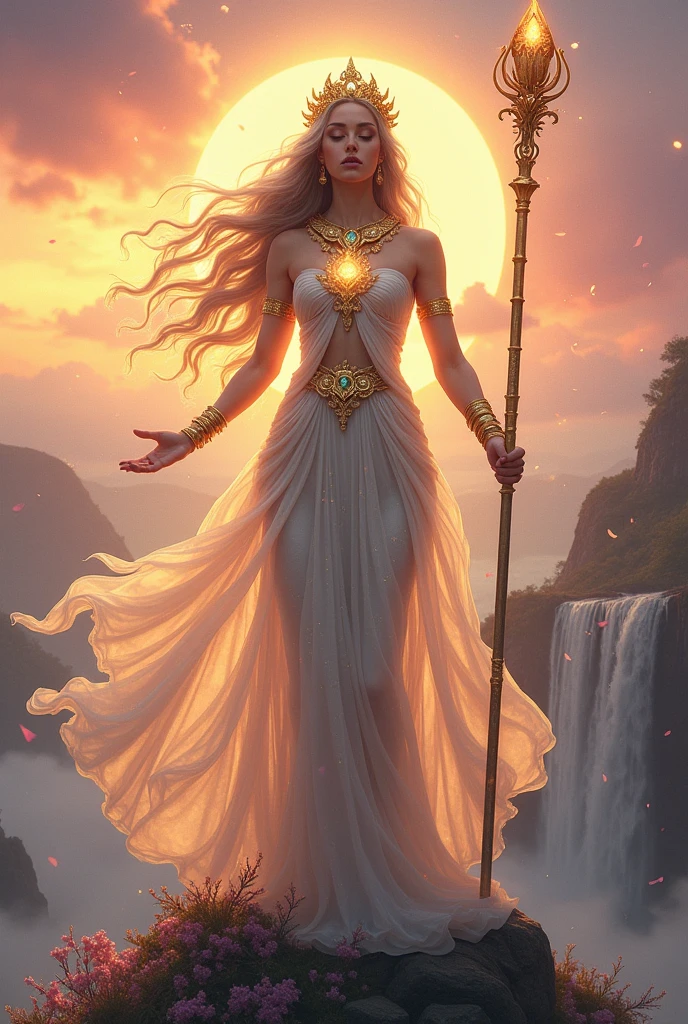 A powerful and ethereal female goddess standing on a mountain peak, her flowing hair shimmering in the light of the rising sun. She has a regal and commanding presence, with a serene expression on her face. Her eyes are bright and filled with wisdom, and she wears an ornate crown made of gold and precious gemstones. She is dressed in flowing robes that seem to be made of stardust, with intricate patterns that glimmer as they catch the light. Around her, a gentle breeze swirls, carrying petals and glowing orbs of light. Her outstretched arms are adorned with golden bracelets, and in one hand, she holds a radiant staff topped with a luminous crystal. Behind her, the sky is a blend of vibrant colors—orange, pink, and purple—reflecting her divine aura and the magical energy emanating from her. The landscape around her is lush, with cascading waterfalls and blooming flowers, symbolizing her connection to nature and her role as a protector of life.