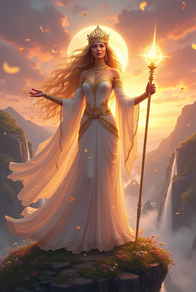A powerful and ethereal female goddess standing on a mountain peak, her flowing hair shimmering in the light of the rising sun. She has a regal and commanding presence, with a serene expression on her face. Her eyes are bright and filled with wisdom, and she wears an ornate crown made of gold and precious gemstones. She is dressed in flowing robes that seem to be made of stardust, with intricate patterns that glimmer as they catch the light. Around her, a gentle breeze swirls, carrying petals and glowing orbs of light. Her outstretched arms are adorned with golden bracelets, and in one hand, she holds a radiant staff topped with a luminous crystal. Behind her, the sky is a blend of vibrant colors—orange, pink, and purple—reflecting her divine aura and the magical energy emanating from her. The landscape around her is lush, with cascading waterfalls and blooming flowers, symbolizing her connection to nature and her role as a protector of life.