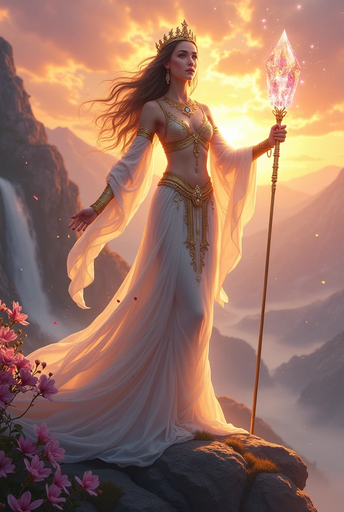 A powerful and ethereal female goddess standing on a mountain peak, her flowing hair shimmering in the light of the rising sun. She has a regal and commanding presence, with a serene expression on her face. Her eyes are bright and filled with wisdom, and she wears an ornate crown made of gold and precious gemstones. She is dressed in flowing robes that seem to be made of stardust, with intricate patterns that glimmer as they catch the light. Around her, a gentle breeze swirls, carrying petals and glowing orbs of light. Her outstretched arms are adorned with golden bracelets, and in one hand, she holds a radiant staff topped with a luminous crystal. Behind her, the sky is a blend of vibrant colors—orange, pink, and purple—reflecting her divine aura and the magical energy emanating from her. The landscape around her is lush, with cascading waterfalls and blooming flowers, symbolizing her connection to nature and her role as a protector of life.