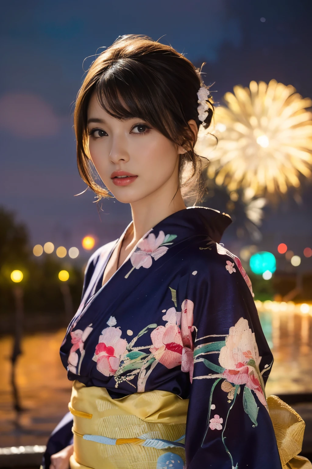 
((masterpiece:1.4, Highest quality)), (Realistic photos:1.4), 
((1 person)), (Otherworldly beauty), (dream-like),
(超High resolution:1.2), Very delicate and beautiful, wonderful, Very detailed CG Unity 8k wall paper, Very detailed, High resolution, 
Soft Light, Beautiful detailed, Very detailed eyes and face, Beautiful and detailed nose, Beautiful and detailed, 
(French girl in yukata:1.3), (Outdoor), (Fireworks at night:1.3), (Old Japan Bridge),
Cinema Lighting, Perfect Anatomy, Slender body, (Dark blond hair), (Parted bangs),
(The world of impressionist painting:1.5), (Impressionist light and colour), 
Cowboy Shot