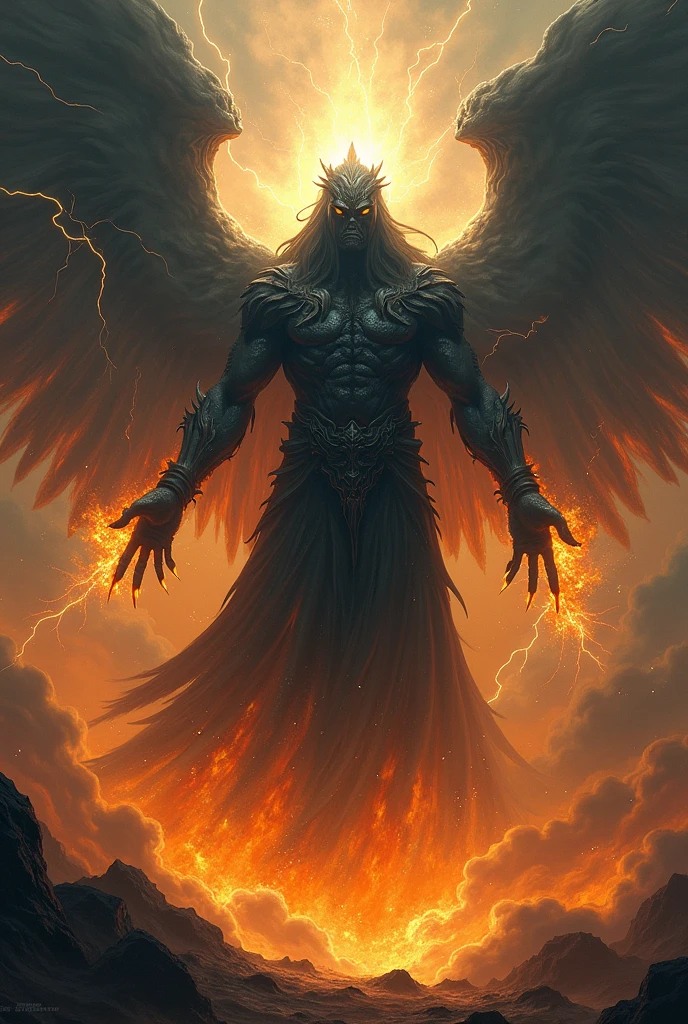 Dark menacing god with fire smoke and lightning around