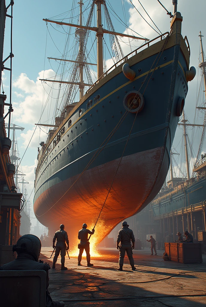 Men welding a large boat