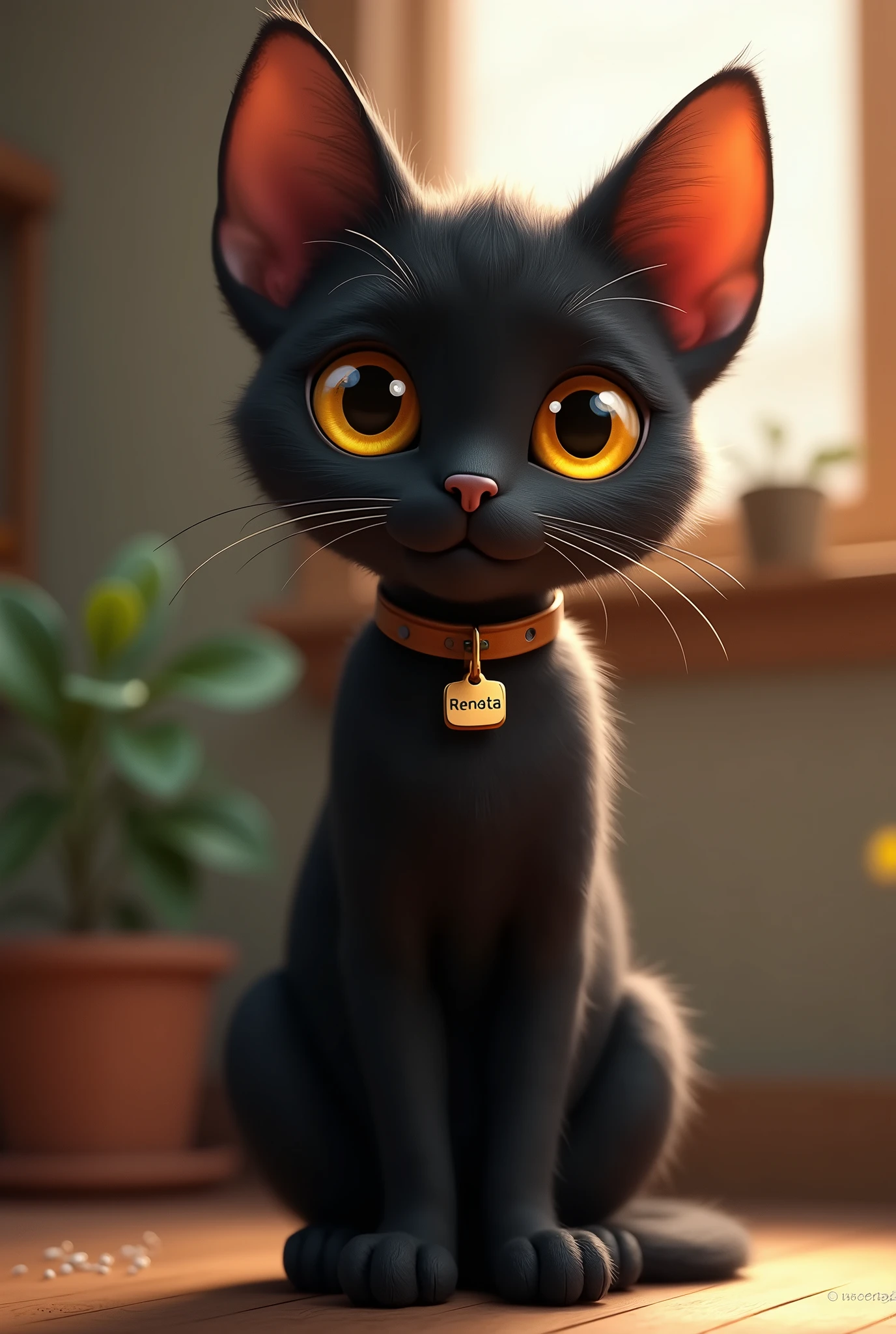 A small black cat, yellow-eyed and friendly, with a collar around his neck with his name on it: Renata. realisitic.
