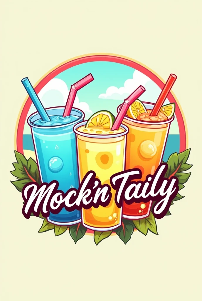 Create me circular logo for a business called mock'n taily featuring this 3 drinks Blue lagoon, Lemon Yakult cooler and Yakult Dutchmilk, make it. Summer vibes and. Colorful, and make it more cartoonish but catchy. Plss, and make it more girly vibes and emphasize the business name make it cursive calligraphy 

