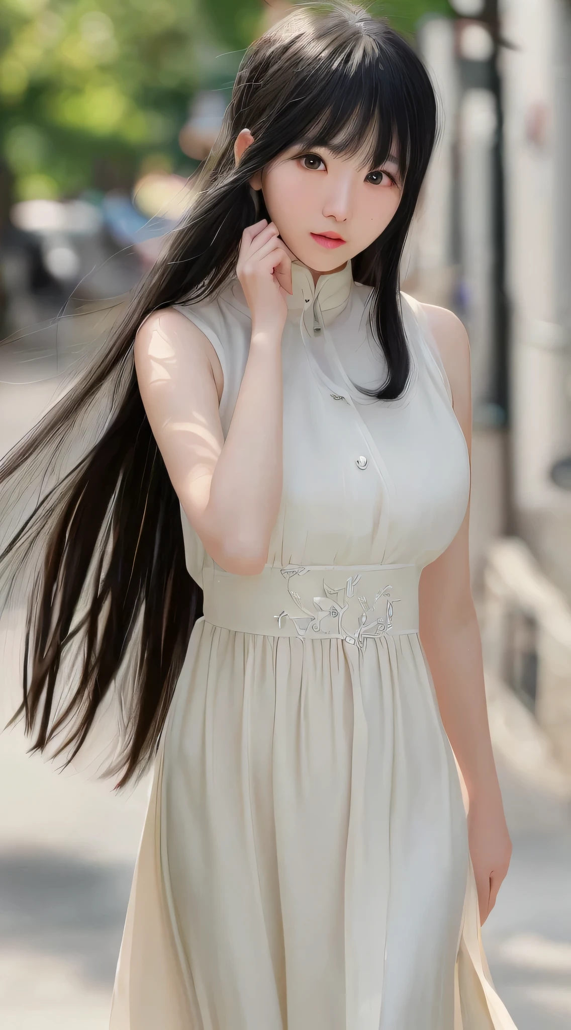 Highest quality, Super Detail, masterpiece, The finer details, High resolution, Portraiture, 8k wallpaper, Realistic details, Garment Details, Skin Details, Detailed eyes, Photoshop \ (Moderate \), The body is slim, 1 person, Japanese people々, 30 years old, Beautiful Eyes, skin only, Well-formed face, bangs, blunt bangs, Huge, (It looks fun), Open your mouth, close, White skin, Long Hair, Black Hair, Beige dress, Walking the Streets, Very Huge Face and Bigger Breasts, Hair fluttering, I can see the ears, Only the upper body is visible, Can't see from the waist up