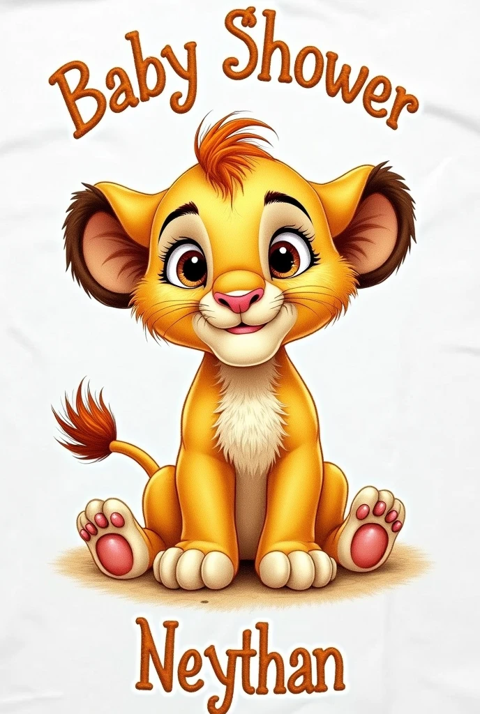 Alex the lion as a  to embroider a towel that at the top has a text that says Babywer in the middle the image of the baby liod below has the name of Neythan