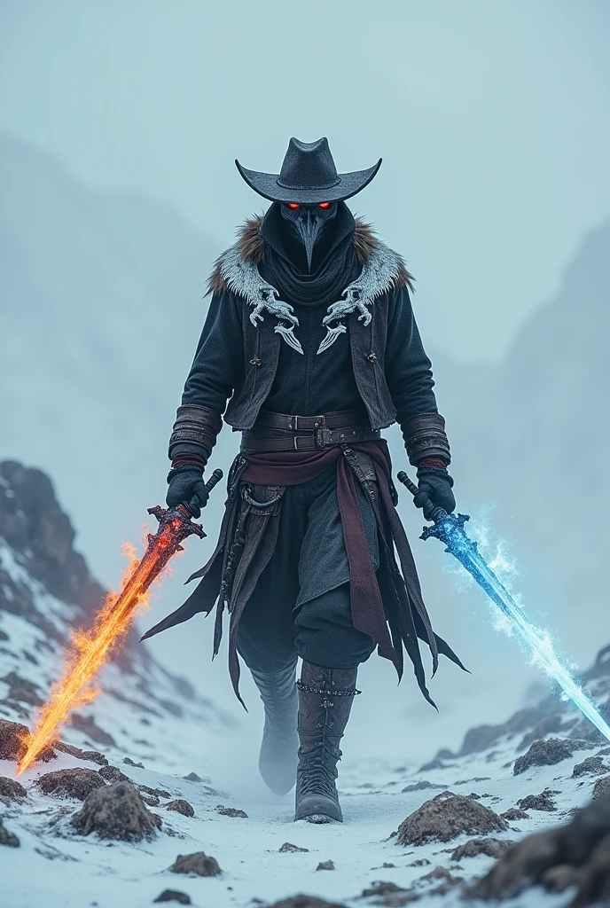 Hunter in an Arctic desert, with two long swords, one of fire and one of ice. He wears a plague mask (those masks with a huge beak) and white dragon details on the outfit, besides a cowboy hat (not very wide)