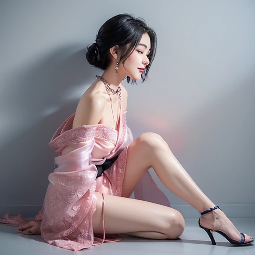 (RAW photos, best quality, masterpiece: 1.2), (Reality: 1.4), Optimal lighting, 20 years old, (Light black hair, Short Bob Hairstyle, Divide hair into three and seven parts, Hair longer than one ear, :1.15), (Symmetrical blue clear eyes, Solitary, Medium breasts, Delicate skin, :1.2), ((Light grey walls and floors, Photo Studio, Sitting on the floor, Sitting against the wall, Pink and blue transparent off-the-shoulder short kimono, silk pants, Red lace necklace, smiling, Thin necklace, Wear black high heels, Clean your legs, Movie Lighting, Sexy look, from the side))