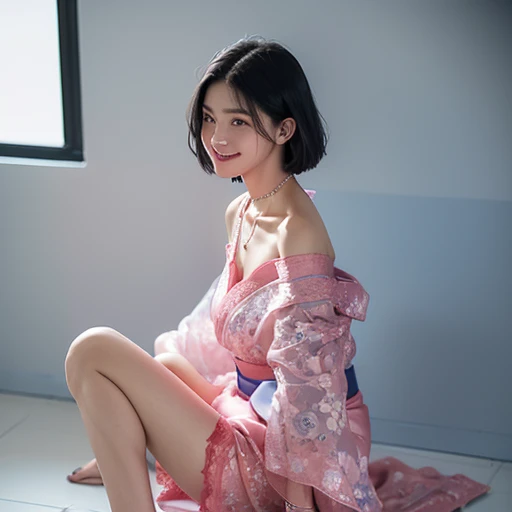 (RAW photos, best quality, masterpiece: 1.2), (Reality: 1.4), Optimal lighting, 20 years old, (Light black hair, Short Bob Hairstyle, Divide hair into three and seven parts, Hair longer than one ear, :1.15), (Symmetrical blue clear eyes, Solitary, Medium breasts, Delicate skin, :1.2), ((Light grey walls and floors, Photo Studio, Sitting on the floor, Sitting against the wall, Pink and blue transparent off-the-shoulder short kimono, silk pants, Red lace necklace, smiling, Thin necklace, Wear black high heels, Clean your legs, Movie Lighting, Sexy look, from the side))